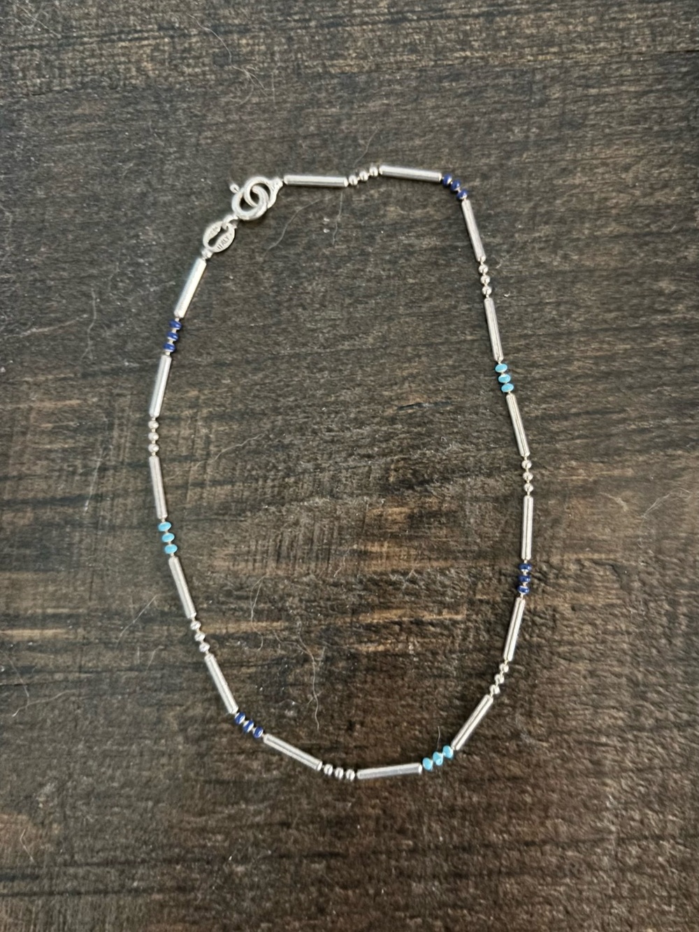 Vintage 925 Sterling Silver Beaded Anklet with Blue Accent Beads made in Italy